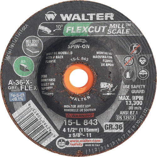 FLEXCUT MILL SCALE Grinding Wheel, 4-1/2", 36 Grit, Aluminum Oxide, 5/8"-11, 13300 RPM, Type 29 PB Rental Co. Ltd.
