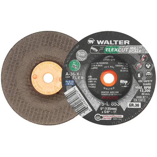FLEXCUT MILL SCALE Grinding Wheel, 5", 36 Grit, Aluminum Oxide, 5/8"-11, 12200 RPM, Type 29 PB Rental Co. Ltd.
