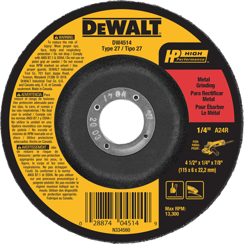 Meule pour m&eacute;taux haut rendement, 4-1/2" x 1/4", Arbre 7/8", Oxyde d'aluminium, Type 27 PB Rental Co. Ltd.