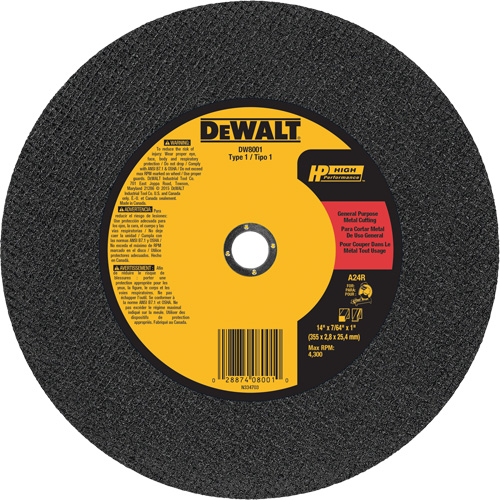 General Purpose Metal Cutting Chop Saw Wheel, 14" x 7/64", 1" Arbor, Type 1, Aluminum Oxide, 4300 RPM PB Rental Co. Ltd.