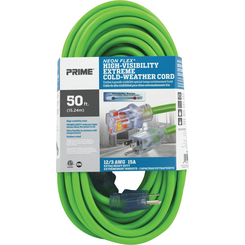 Cordon rallonge haute visibilit&eacute; Neon Flex, Ext&eacute;rieur, SJTW, AWG 12/3, 15 A, 50' PB Rental Co. Ltd.