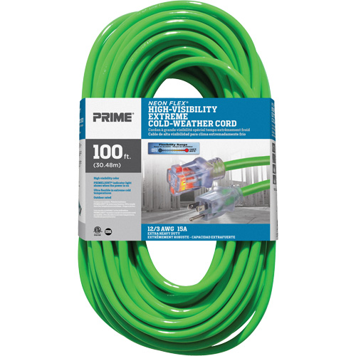 Cordon rallonge haute visibilit&eacute; Neon Flex, Ext&eacute;rieur, SJTW, AWG 12/3, 15 A, 100' PB Rental Co. Ltd.