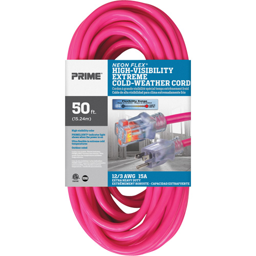 Cordon rallonge haute visibilit&eacute; Neon Flex, Ext&eacute;rieur, SJTW, AWG 12/3, 15 A, 50' PB Rental Co. Ltd.