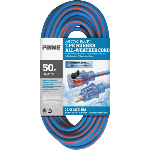 Arctic Blue Extension Cord, All-Weather, SJEOW, 14/3 AWG, 15 A, 50' PB Rental Co. Ltd.