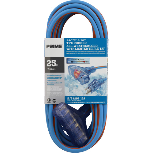 Arctic Blue TPE-Rubber Extension Cord, All-Weather, SJEOW, 12/3 AWG, 15 A, 3 Outlet(s), 25' PB Rental Co. Ltd.