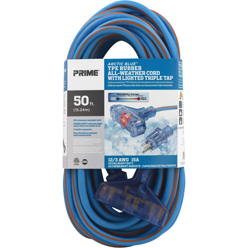 Cordons rallonges en caoutchouc TPE Arctic Blue, Toutes saisons, SJEOW, AWG 12/3, 15 A, 3 prise(s), 50' PB Rental Co. Ltd.