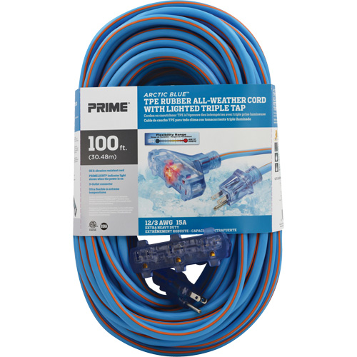Cordons rallonges en caoutchouc TPE Arctic Blue, Toutes saisons, SJEOW, AWG 12/3, 15 A, 3 prise(s), 100' PB Rental Co. Ltd.