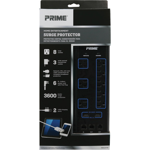 Limiteurs de surtension avec chargeur USB, 8 Prises, 3600 J, 1875 W, Cordon 6' PB Rental Co. Ltd.