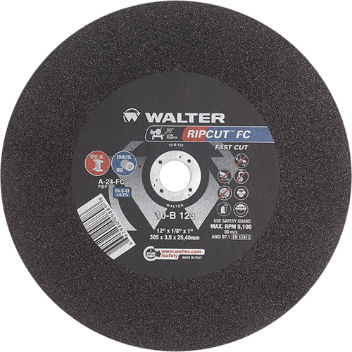 Ripcut Stainless Steel & Steel Cut-Off Wheel for Stationary Saws, 12" x 1/8", 1" Arbor, Type 1, Aluminum Oxide, 5100 RPM PB Rental Co. Ltd.