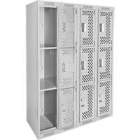 Clean Line Lockers, 3 -tier, Bank of 4, 48" x 12" x 72", Steel, Grey, Rivet (Assembled), Perforated PB Rental Co. Ltd.