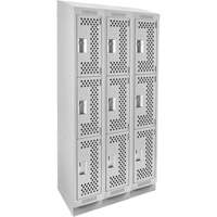 Clean Line Lockers, 3 -tier, Bank of 3, 36" x 15" x 82", Steel, Grey, Rivet (Assembled), Perforated PB Rental Co. Ltd.