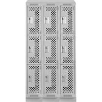 Clean Line Lockers, 3 -tier, Bank of 3, 36" x 15" x 82", Steel, Grey, Rivet (Assembled), Perforated PB Rental Co. Ltd.