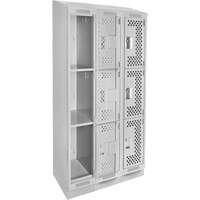 Clean Line Lockers, 3 -tier, Bank of 3, 36" x 15" x 82", Steel, Grey, Rivet (Assembled), Perforated PB Rental Co. Ltd.