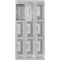Clean Line Lockers, 3 -tier, Bank of 3, 36" x 15" x 82", Steel, Grey, Rivet (Assembled), Perforated PB Rental Co. Ltd.