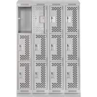 Clean Line Lockers, 3 -tier, Bank of 4, 48" x 15" x 82", Steel, Grey, Rivet (Assembled), Perforated PB Rental Co. Ltd.