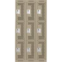 Clean Line Lockers, 3 -tier, Bank of 3, 36" x 12" x 72", Steel, Beige, Rivet (Assembled), Perforated PB Rental Co. Ltd.