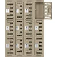 Clean Line Lockers, 3 -tier, Bank of 4, 48" x 12" x 72", Steel, Beige, Rivet (Assembled), Perforated PB Rental Co. Ltd.