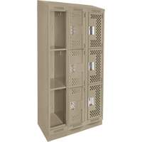 Clean Line Lockers, 3 -tier, Bank of 3, 36" x 15" x 82", Steel, Beige, Rivet (Assembled), Perforated PB Rental Co. Ltd.