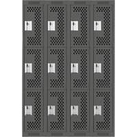 Clean Line Lockers, 3 -tier, Bank of 4, 48" x 12" x 72", Steel, Charcoal, Rivet (Assembled), Perforated PB Rental Co. Ltd.