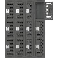 Clean Line Lockers, 3 -tier, Bank of 4, 48" x 12" x 72", Steel, Charcoal, Rivet (Assembled), Perforated PB Rental Co. Ltd.