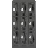Clean Line Lockers, 3 -tier, Bank of 3, 36" x 15" x 82", Steel, Charcoal, Rivet (Assembled), Perforated PB Rental Co. Ltd.