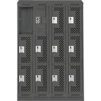 Clean Line Lockers, 3 -tier, Bank of 4, 48" x 15" x 82", Steel, Charcoal, Rivet (Assembled), Perforated PB Rental Co. Ltd.