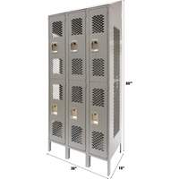 Vented Lockers, 2 -tier, Bank of 3, 36 x 18" x 88", Steel, Grey, Knocked Down, Perforated PB Rental Co. Ltd.