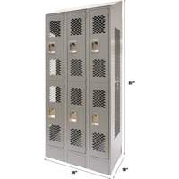 Vented Lockers, 2 -tier, Bank of 3, 36 x 18" x 88", Steel, Grey, Knocked Down, Perforated PB Rental Co. Ltd.