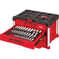 242-Piece 1/4”, 3/8” & 1/2” Drive Metric & SAE Ratchet & Socket Set with PACKOUT 4-Drawer Tool Box, 16-3/10" x 22-1/5" x 14-3/10", Black/Red PB Rental Co. Ltd.